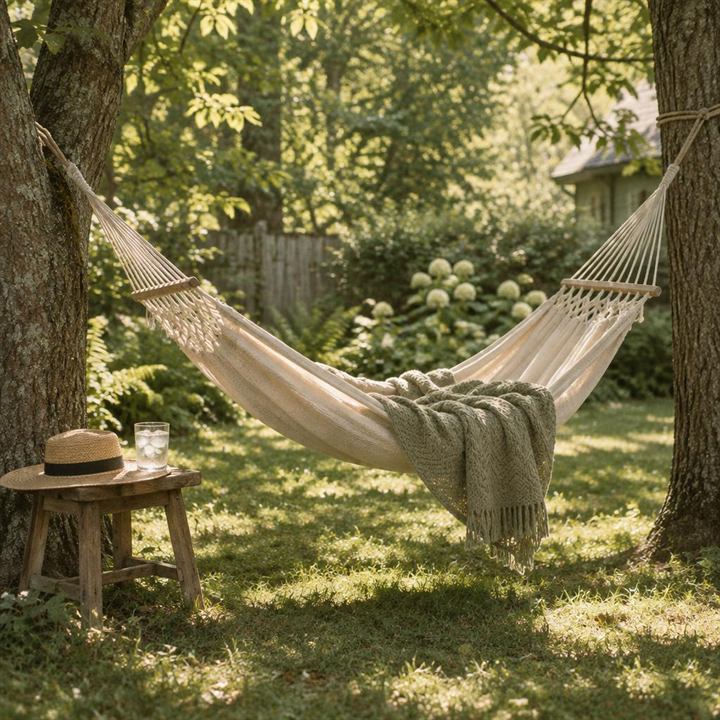 A hammock with a knit blanket strung between two trees in a shady backyard, with a straw hat and a glass of iced water on a small wooden stool nearby.