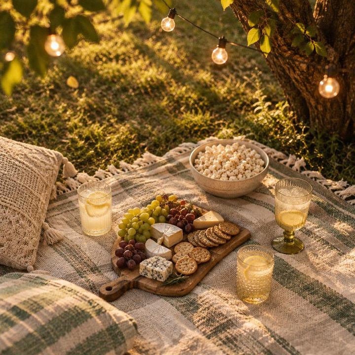 A casual backyard picnic at golden hour: a woven blanket on the grass, a board of cheese, grapes and crackers, glasses of sparkling lemonade and string lights overhead.