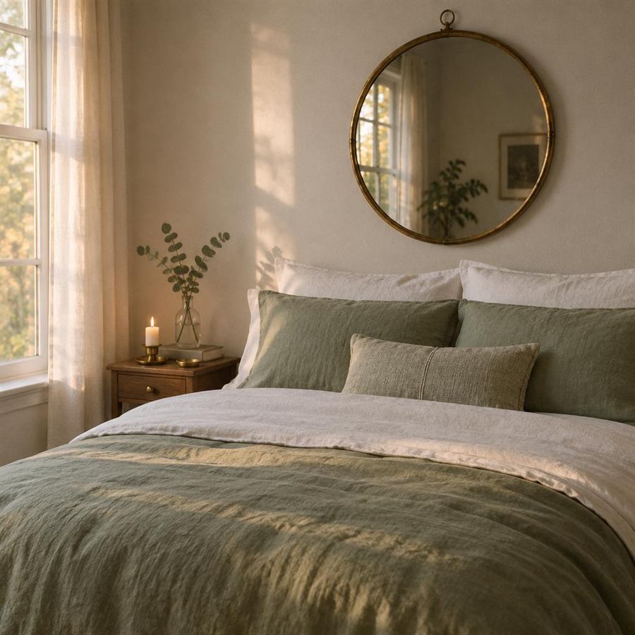 A freshly made bed with white and sage green linen sheets, a round vintage mirror in a brass frame on the wall above and a sprig of eucalyptus in a bud vase.