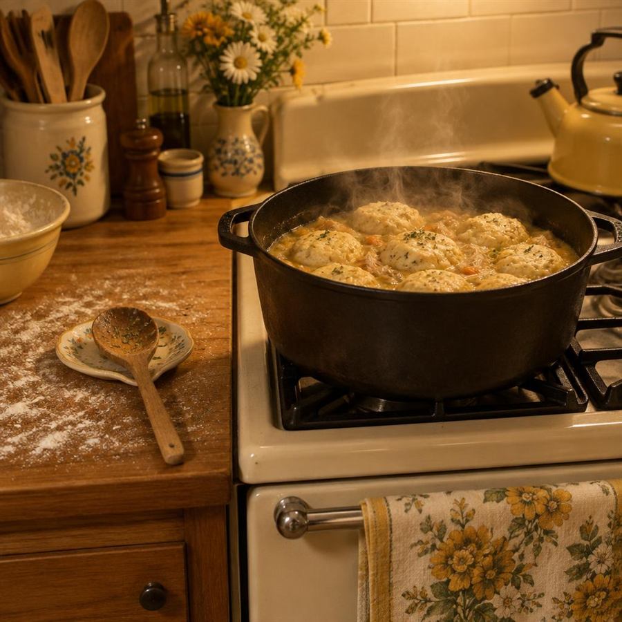 A cast iron pot of chicken and dumplings steaming on a stove, a wooden spoon resting on a ceramic plate and a flour-dusted countertop beside it.