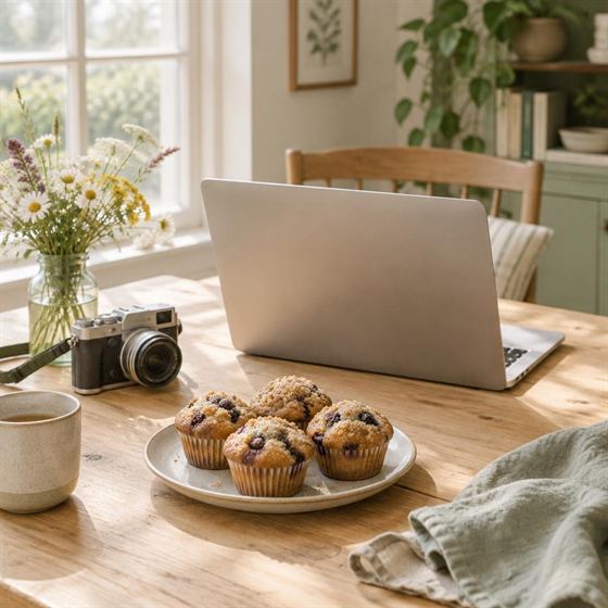 A bright home workspace on a light wooden table with a camera, a plate of freshly baked muffins, a linen napkin and a small vase of wildflowers.