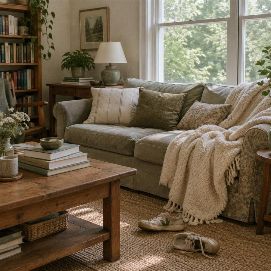 A lived-in living room corner with a slightly mismatched sofa, a cream throw blanket, shoes kicked off on a woven rug and a stack of books on a wooden coffee table.
