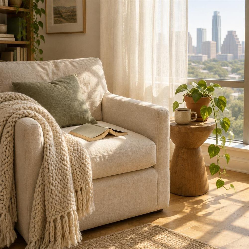 A cream linen armchair by a sunlit window, a knit throw over the arm, an open book on the seat and a ceramic mug of coffee on a small wooden table.