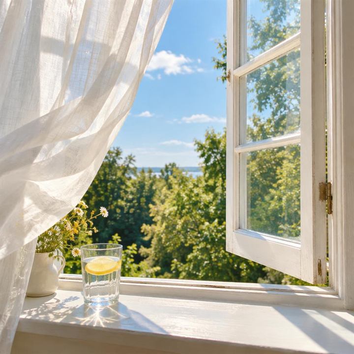 A white wooden window pushed open onto a bright morning, a sheer curtain lifting in the breeze and a glass of water with a lemon slice on the sill.