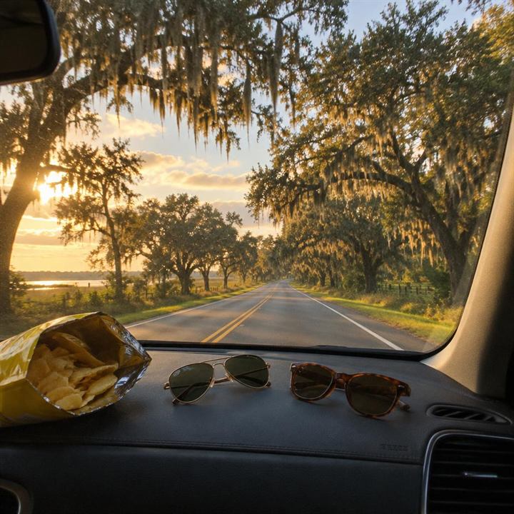 The view through a car windshield on a Southern road trip: snacks and sunglasses on the dashboard and a two-lane road lined with oaks draped in Spanish moss.