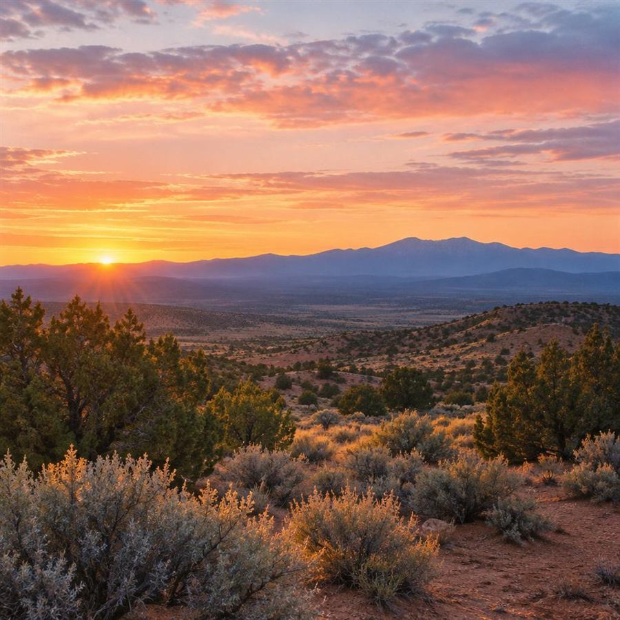 Sunrise over the high desert near Santa Fe, New Mexico: a pink and gold sky above distant blue mountains, with juniper and sage bushes catching the first light.
