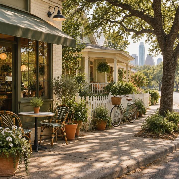 A quiet Austin street corner in the morning: a small coffee shop patio with bistro chairs, potted plants and a bicycle leaning on a white fence under large shade trees.