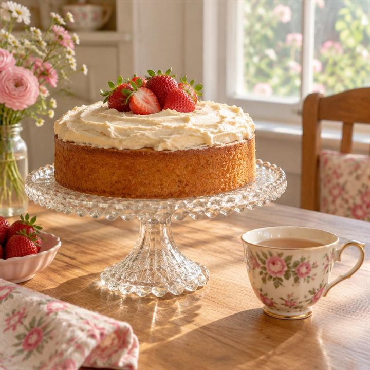 A vintage pressed-glass cake stand on a light wooden table holding a simple homemade vanilla cake topped with fresh strawberries.