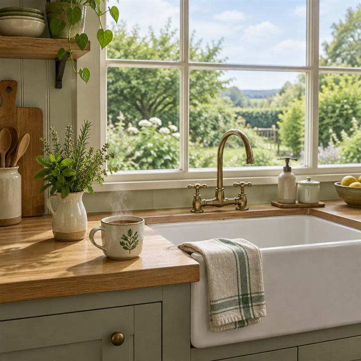 A tidy kitchen in soft daylight with clear counters, a folded dish towel on the sink, a steaming ceramic mug of tea and a small vase of fresh herbs.