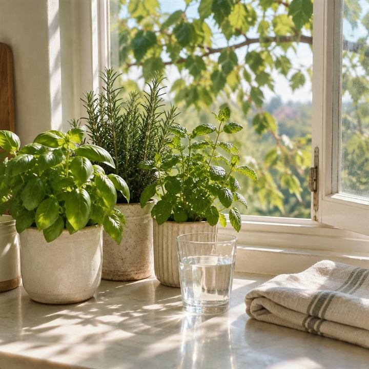 A sunny kitchen windowsill with small pots of basil, rosemary and mint, a glass of water catching the light and a folded linen dish towel.