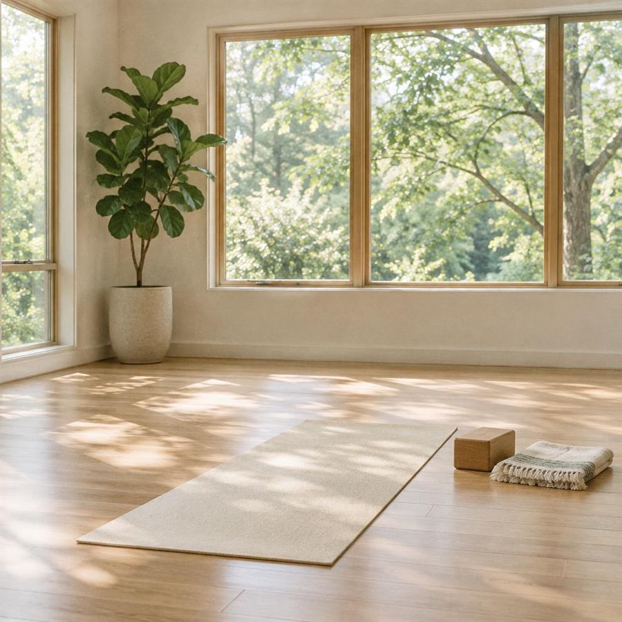A serene yoga studio with light wooden floors, a single cream mat laid out with a block and folded blanket, and large windows showing green trees outside.